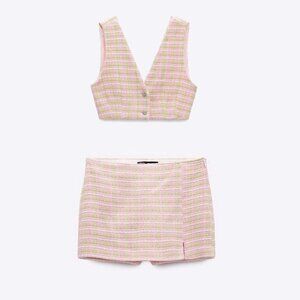 NWOT Zara pink, green & white textured tweed-like cropped waistcoat & skort set